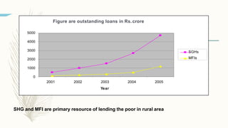 Figure are outstanding loans in Rs.crore
5000
4000
3000
2000
1000
0
2001 2002 2004 2005
2003
Year
SGHs
MFIs
SHG and MFI are primary resource of lending the poor in rural area
 