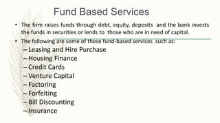Fund Based Services
• The firm raises funds through debt, equity, deposits and the bank invests
the funds in securities or lends to those who are in need of capital.
• The following are some of these fund-based services such as:
–Leasing and Hire Purchase
–Housing Finance
–Credit Cards
–Venture Capital
–Factoring
–Forfeiting
–Bill Discounting
–Insurance
 