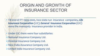  Till end of FY 1999-2000, two state-run insurance companies, Life
Insurance Corporation (LIC); General Insurance Corporation (GIC)
were the monopoly insurance provider in India.
 Under GIC there were four subsidiaries:
National Insurance Company Ltd.
Oriental Insurance Company Ltd.
New India Assurance Company Ltd.
United India Insurance Company Ltd.
ORIGIN AND GROWTH OF
INSURANCE SECTOR
 
