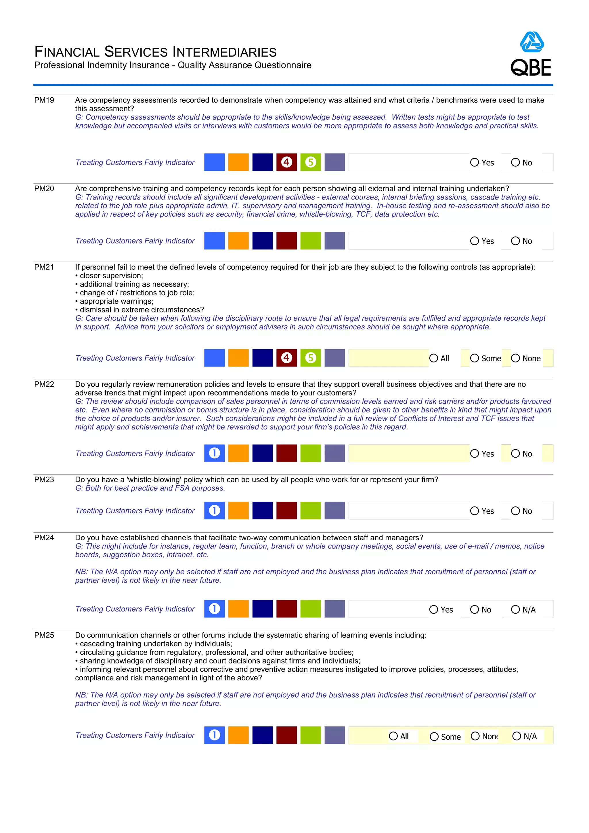 FINANCIAL SERVICES INTERMEDIARIES
Professional Indemnity Insurance - Quality Assurance Questionnaire


PM19     Are competency assessments recorded to demonstrate when competency was attained and what criteria / benchmarks were used to make
         this assessment?
         G: Competency assessments should be appropriate to the skills/knowledge being assessed. Written tests might be appropriate to test
         knowledge but accompanied visits or interviews with customers would be more appropriate to assess both knowledge and practical skills.



         Treating Customers Fairly Indicator                                                                                     Yes          No


PM20     Are comprehensive training and competency records kept for each person showing all external and internal training undertaken?
         G: Training records should include all significant development activities - external courses, internal briefing sessions, cascade training etc.
         related to the job role plus appropriate admin, IT, supervisory and management training. In-house testing and re-assessment should also be
         applied in respect of key policies such as security, financial crime, whistle-blowing, TCF, data protection etc.


         Treating Customers Fairly Indicator                                                                                       Yes          No


PM21     If personnel fail to meet the defined levels of competency required for their job are they subject to the following controls (as appropriate):
         • closer supervision;
         • additional training as necessary;
         • change of / restrictions to job role;
         • appropriate warnings;
         • dismissal in extreme circumstances?
         G: Care should be taken when following the disciplinary route to ensure that all legal requirements are fulfilled and appropriate records kept
         in support. Advice from your solicitors or employment advisers in such circumstances should be sought where appropriate.



         Treating Customers Fairly Indicator                                                                         All         Some         None


PM22     Do you regularly review remuneration policies and levels to ensure that they support overall business objectives and that there are no
         adverse trends that might impact upon recommendations made to your customers?
         G: The review should include comparison of sales personnel in terms of commission levels earned and risk carriers and/or products favoured
         etc. Even where no commission or bonus structure is in place, consideration should be given to other benefits in kind that might impact upon
         the choice of products and/or insurer. Such considerations might be included in a full review of Conflicts of Interest and TCF issues that
         might apply and achievements that might be rewarded to support your firm's policies in this regard.


         Treating Customers Fairly Indicator     Œ                                                                                 Yes          No


PM23     Do you have a 'whistle-blowing' policy which can be used by all people who work for or represent your firm?
         G: Both for best practice and FSA purposes.

         Treating Customers Fairly Indicator     Œ                                                                                 Yes          No


PM24     Do you have established channels that facilitate two-way communication between staff and managers?
         G: This might include for instance, regular team, function, branch or whole company meetings, social events, use of e-mail / memos, notice
         boards, suggestion boxes, intranet, etc.

         NB: The N/A option may only be selected if staff are not employed and the business plan indicates that recruitment of personnel (staff or
         partner level) is not likely in the near future.


         Treating Customers Fairly Indicator     Œ                                                                     Yes         No           N/A


PM25     Do communication channels or other forums include the systematic sharing of learning events including:
         • cascading training undertaken by individuals;
         • circulating guidance from regulatory, professional, and other authoritative bodies;
         • sharing knowledge of disciplinary and court decisions against firms and individuals;
         • informing relevant personnel about corrective and preventive action measures instigated to improve policies, processes, attitudes,
         compliance and risk management in light of the above?

         NB: The N/A option may only be selected if staff are not employed and the business plan indicates that recruitment of personnel (staff or
         partner level) is not likely in the near future.



         Treating Customers Fairly Indicator     Œ                                                         All         Some        None         N/A
 
