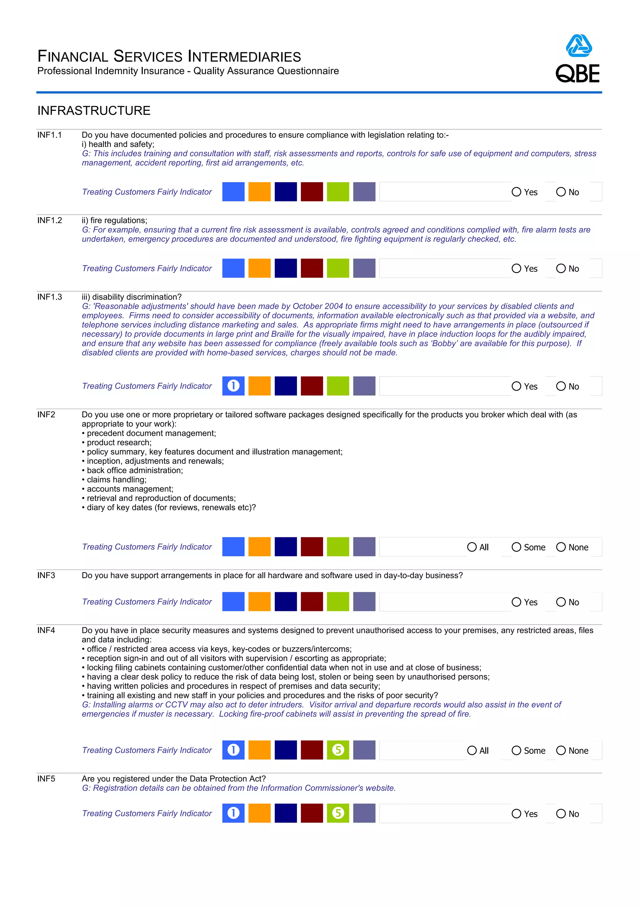 FINANCIAL SERVICES INTERMEDIARIES
Professional Indemnity Insurance - Quality Assurance Questionnaire



INFRASTRUCTURE
INF1.1   Do you have documented policies and procedures to ensure compliance with legislation relating to:-
         i) health and safety;
         G: This includes training and consultation with staff, risk assessments and reports, controls for safe use of equipment and computers, stress
         management, accident reporting, first aid arrangements, etc.


         Treating Customers Fairly Indicator                                                                                       Yes         No


INF1.2   ii) fire regulations;
         G: For example, ensuring that a current fire risk assessment is available, controls agreed and conditions complied with, fire alarm tests are
         undertaken, emergency procedures are documented and understood, fire fighting equipment is regularly checked, etc.


         Treating Customers Fairly Indicator                                                                                       Yes         No


INF1.3   iii) disability discrimination?
         G: 'Reasonable adjustments' should have been made by October 2004 to ensure accessibility to your services by disabled clients and
         employees. Firms need to consider accessibility of documents, information available electronically such as that provided via a website, and
         telephone services including distance marketing and sales. As appropriate firms might need to have arrangements in place (outsourced if
         necessary) to provide documents in large print and Braille for the visually impaired, have in place induction loops for the audibly impaired,
         and ensure that any website has been assessed for compliance (freely available tools such as ‘Bobby’ are available for this purpose). If
         disabled clients are provided with home-based services, charges should not be made.



         Treating Customers Fairly Indicator     Œ                                                                                 Yes         No


INF2     Do you use one or more proprietary or tailored software packages designed specifically for the products you broker which deal with (as
         appropriate to your work):
         • precedent document management;
         • product research;
         • policy summary, key features document and illustration management;
         • inception, adjustments and renewals;
         • back office administration;
         • claims handling;
         • accounts management;
         • retrieval and reproduction of documents;
         • diary of key dates (for reviews, renewals etc)?



         Treating Customers Fairly Indicator                                                                           All         Some        None


INF3     Do you have support arrangements in place for all hardware and software used in day-to-day business?


         Treating Customers Fairly Indicator                                                                                       Yes         No


INF4     Do you have in place security measures and systems designed to prevent unauthorised access to your premises, any restricted areas, files
         and data including:
         • office / restricted area access via keys, key-codes or buzzers/intercoms;
         • reception sign-in and out of all visitors with supervision / escorting as appropriate;
         • locking filing cabinets containing customer/other confidential data when not in use and at close of business;
         • having a clear desk policy to reduce the risk of data being lost, stolen or being seen by unauthorised persons;
         • having written policies and procedures in respect of premises and data security;
         • training all existing and new staff in your policies and procedures and the risks of poor security?
         G: Installing alarms or CCTV may also act to deter intruders. Visitor arrival and departure records would also assist in the event of
         emergencies if muster is necessary. Locking fire-proof cabinets will assist in preventing the spread of fire.



         Treating Customers Fairly Indicator     Œ                                                                    All         Some        None


INF5     Are you registered under the Data Protection Act?
         G: Registration details can be obtained from the Information Commissioner's website.


         Treating Customers Fairly Indicator     Œ                                                                                Yes         No
 
