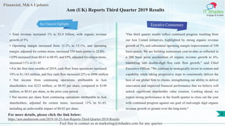 Financial, M&A Updates
IT Shades
Engage & Enable
Aon (UK) Reports Third Quarter 2019 Results
• Total revenue increased 1% to $2.4 billion, with organic revenue
growth of 5%
• Operating margin increased from 11.2% to 15.1%, and operating
margin, adjusted for certain items, increased 350 basis points to 22.0%
• EPS increased from $0.61 to $0.93, and EPS, adjusted for certain items,
increased 11% to $1.45
• For the first nine months of 2019, cash flow from operations increased
19% to $1,163 million, and free cash flow increased 25% to $996 million
• Net income from continuing operations attributable to Aon
shareholders was $223 million, or $0.93 per share, compared to $149
million, or $0.61 per share, in the prior year period.
• Net income per share from continuing operations attributable to Aon
shareholders, adjusted for certain items, increased 11% to $1.45,
including an unfavorable impact of $0.02 per share.
Executive Commentary
"Our third quarter results reflect continued progress resulting from
our Aon United initiatives, highlighted by strong organic revenue
growth of 5% and substantial operating margin improvement of 350
basis points. We are building momentum year-to-date as reflected in
a 200 basis point acceleration of organic revenue growth to 6%,
translating into double-digit free cash flow growth," said Chief
Executive Officer. "We continue to strategically invest in content and
capability while taking progressive steps to consistently deliver the
best of our global firm to clients, strengthening our ability to deliver
innovation and improved financial performance that we believe will
unlock significant shareholder value creation. Looking ahead, we
expect strong performance in the fourth quarter to close out the year
with continued progress against our goal of mid-single digit organic
revenue growth or greater over the long-term."
Feel free to contact us at marketing@itshades.com for any queries
2For more details, please click the link below:
https://aon.mediaroom.com/2019-10-25-Aon-Reports-Third-Quarter-2019-Results
Key Financial Highlights
 