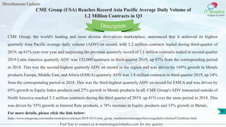 Miscellaneous Updates
IT Shades
Engage & Enable
CME Group (USA) Reaches Record Asia Pacific Average Daily Volume of
1.2 Million Contracts in Q3
Feel free to contact us at marketing@itshades.com for any queries
67
CME Group, the world's leading and most diverse derivatives marketplace, announced that it achieved its highest
quarterly Asia Pacific average daily volume (ADV) on record, with 1.2 million contracts traded during third-quarter of
2019, up 61% year over year and surpassing the previous quarterly record of 1.1 million contracts traded in second-quarter
2019.Latin America quarterly ADV was 152,000 contracts in third-quarter 2019, up 87% from the corresponding period
in 2018. This was the second-highest quarterly ADV on record in the region and was driven by 169% growth in Metals
products.Europe, Middle East, and Africa (EMEA) quarterly ADV was 3.8 million contracts in third-quarter 2019, up 34%
from the corresponding period in 2018. This was the third-highest quarterly ADV on record for EMEA and was driven by
65% growth in Equity Index products and 27% growth in Metals products.In all, CME Group's ADV transacted outside of
North America reached 5.2 million contracts during the third quarter of 2019, up 41% over the same period in 2018. This
was driven by 55% growth in Interest Rate products, a 78% increase in Equity products and 33% growth in Metals.
For more details, please click the link below:
https://www.cmegroup.com/media-room/press-releases/2019/10/13/cme_group_reachesrecordasiapacificaveragedailyvolumeof12millionc.html
Description
 