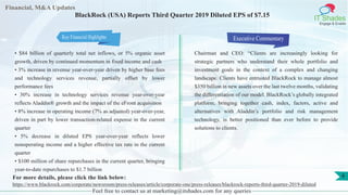 Financial, M&A Updates
IT Shades
Engage & Enable
BlackRock (USA) Reports Third Quarter 2019 Diluted EPS of $7.15
• $84 billion of quarterly total net inflows, or 5% organic asset
growth, driven by continued momentum in fixed income and cash
• 3% increase in revenue year-over-year driven by higher base fees
and technology services revenue, partially offset by lower
performance fees
• 30% increase in technology services revenue year-over-year
reflects Aladdin® growth and the impact of the eFront acquisition
• 8% increase in operating income (7% as adjusted) year-over-year,
driven in part by lower transaction-related expense in the current
quarter
• 5% decrease in diluted EPS year-over-year reflects lower
nonoperating income and a higher effective tax rate in the current
quarter
• $100 million of share repurchases in the current quarter, bringing
year-to-date repurchases to $1.7 billion
Executive Commentary
Chairman and CEO: “Clients are increasingly looking for
strategic partners who understand their whole portfolio and
investment goals in the context of a complex and changing
landscape. Clients have entrusted BlackRock to manage almost
$350 billion in new assets over the last twelve months, validating
the differentiation of our model. BlackRock’s globally integrated
platform, bringing together cash, index, factors, active and
alternatives with Aladdin’s portfolio and risk management
technology, is better positioned than ever before to provide
solutions to clients.
Feel free to contact us at marketing@itshades.com for any queries
4For more details, please click the link below:
https://www.blackrock.com/corporate/newsroom/press-releases/article/corporate-one/press-releases/blackrock-reports-third-quarter-2019-diluted
Key Financial Highlights
 