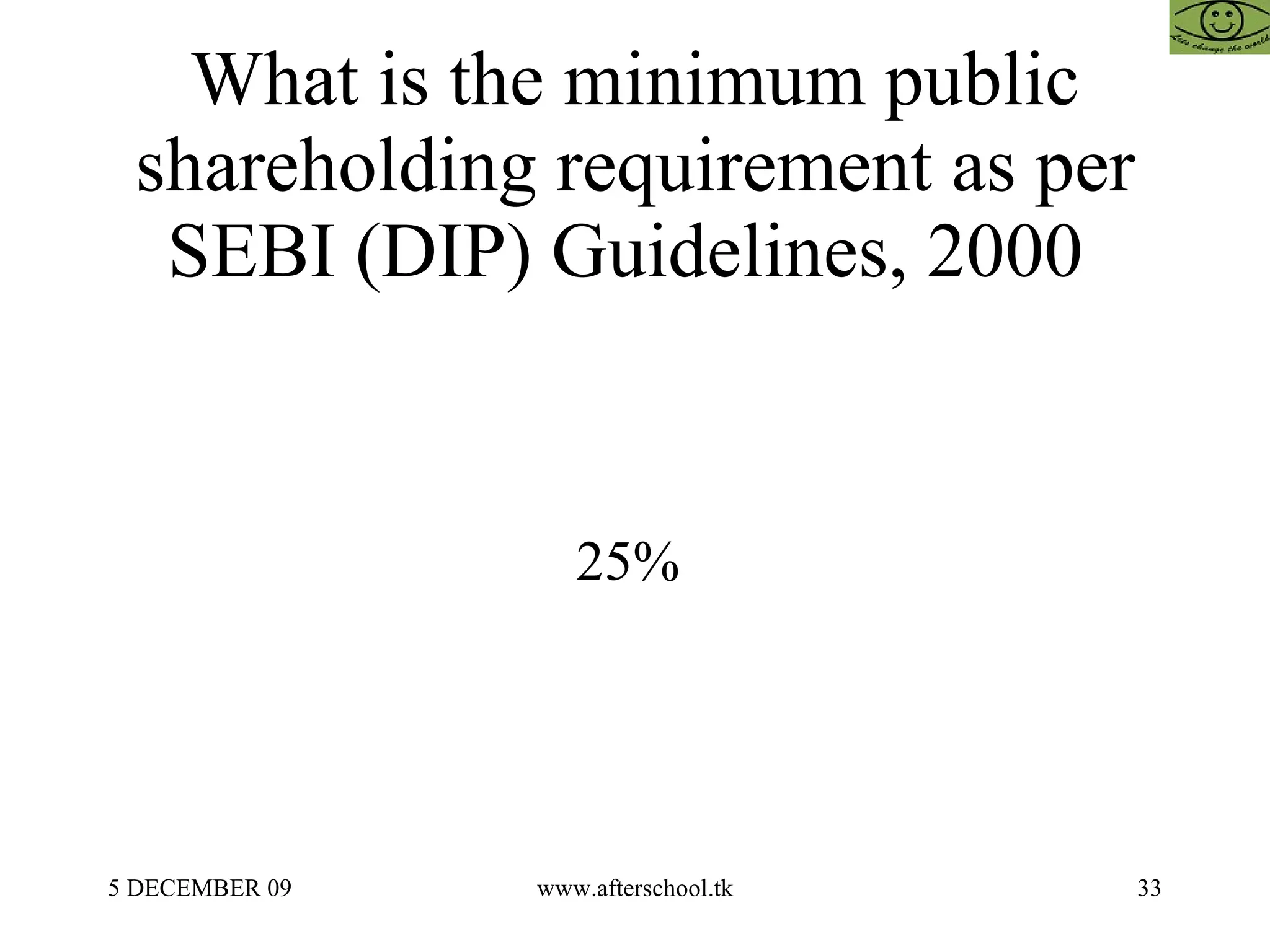 What is the minimum public shareholding requirement as per SEBI (DIP) Guidelines, 2000  25%  