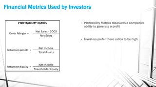 Financial Metrics Used by Investors
• Profitability Metrics measures a companies
ability to generate a profit
• Investors prefer these ratios to be high
 