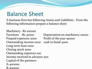 Balance Sheet 
A business firm has following Assets and Liabilities . From the 
following information prepare a balance sheet 
Machinery –Rs 100000 
Furniture -Rs 30000 Depreciation on machinery-10000 
Prepaid expences-2000 Profit of the year-90000 
Outstanding income-1000 cash in hand-3000 
Long term loan-1000 
Closing stock 5000 
Outstanding expences-100 
Income received in advance-500 
Capital of the partners- 
A-400000 
B-400000 
 