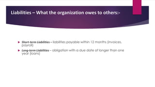 Liabilities – What the organization owes to others:-
 Short-term Liabilities – liabilities payable within 12 months (invoices,
payroll)
 Long-term Liabilities – obligation with a due date of longer than one
year (loans)
 