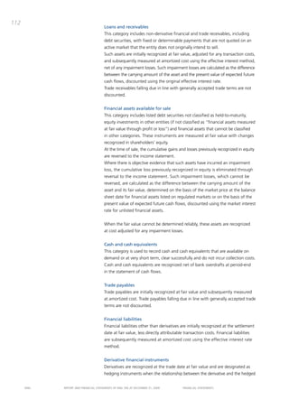 112
                                       Loans and receivables
                                       this category includes non-derivative financial and trade receivables, including
                                       debt securities, with fixed or determinable payments that are not quoted on an
                                       active market that the entity does not originally intend to sell.
                                       Such assets are initially recognized at fair value, adjusted for any transaction costs,
                                       and subsequently measured at amortized cost using the effective interest method,
                                       net of any impairment losses. Such impairment losses are calculated as the difference
                                       between the carrying amount of the asset and the present value of expected future
                                       cash flows, discounted using the original effective interest rate.
                                       trade receivables falling due in line with generally accepted trade terms are not
                                       discounted.


                                       Financial assets available for sale
                                       this category includes listed debt securities not classified as held-to-maturity,
                                       equity investments in other entities (if not classified as “financial assets measured
                                       at fair value through profit or loss”) and financial assets that cannot be classified
                                       in other categories. these instruments are measured at fair value with changes
                                       recognized in shareholders’ equity.
                                       at the time of sale, the cumulative gains and losses previously recognized in equity
                                       are reversed to the income statement.
                                       Where there is objective evidence that such assets have incurred an impairment
                                       loss, the cumulative loss previously recognized in equity is eliminated through
                                       reversal to the income statement. Such impairment losses, which cannot be
                                       reversed, are calculated as the difference between the carrying amount of the
                                       asset and its fair value, determined on the basis of the market price at the balance
                                       sheet date for financial assets listed on regulated markets or on the basis of the
                                       present value of expected future cash flows, discounted using the market interest
                                       rate for unlisted financial assets.


                                       When the fair value cannot be determined reliably, these assets are recognized
                                       at cost adjusted for any impairment losses.


                                       Cash and cash equivalents
                                       this category is used to record cash and cash equivalents that are available on
                                       demand or at very short term, clear successfully and do not incur collection costs.
                                       cash and cash equivalents are recognized net of bank overdrafts at period-end
                                       in the statement of cash flows.


                                       Trade payables
                                       trade payables are initially recognized at fair value and subsequently measured
                                       at amortized cost. trade payables falling due in line with generally accepted trade
                                       terms are not discounted.


                                       Financial liabilities
                                       Financial liabilities other than derivatives are initially recognized at the settlement
                                       date at fair value, less directly attributable transaction costs. Financial liabilities
                                       are subsequently measured at amortized cost using the effective interest rate
                                       method.


                                       Derivative financial instruments
                                       derivatives are recognized at the trade date at fair value and are designated as
                                       hedging instruments when the relationship between the derivative and the hedged


      ENEL   REpoRt aNd FiNaNciaL StatEmENtS oF ENEL Spa at dEcEmbER 31, 2009         FiNaNciaL StatEmENtS
 