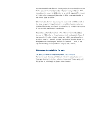 151
tax receivables total €142.8 million and are primarily related to the Vat receivable
for the Group in the amount of €105.8 million and prior-year iRES and iRap
receivables in the amount of €29.2 million for tax refunds requested. the increase
of €102.6 million compared with december 31, 2008 is mainly attributable to
the increase in Vat receivables.


other receivables due from Group companies relate mainly to iRES tax credits of
the Group companies that participate in the consolidated taxation mechanism
(€288.3 million), as well as to the Vat receivable from the companies participating
in the Group Vat mechanism (€104.2 million).


Receivables due from others came to €14.0 million at december 31, 2009, a
decrease of €48.6 million on the previous year, mainly attributable to the use of
the deposit (€41.9 million including interest) paid in 2007 as an advance for the
acquisition of Electrica muntenia Sud (now Enel distributie muntenia and Electrica
Energie muntenia) following the definition on december 23, 2009, of the
adjustment of the purchase price for the company (€38.1 million).



Non-current assets held for sale

21. non-current assets held for sale – €9.0 million
Non-current assets classified as held for sale include the reclassification of the
holding in idrosicilia (€9.0 million) following the exercise of the put option held
by Enel Spa on its remaining 40% stake in that company.
 