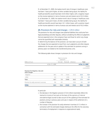 163
                          if, at december 31, 2009, the twelve-month rate of change in healthcare costs
                          had been 1 basis point higher, all other variables being equal, the liability for
                          healthcare benefits would have been €4.8 million higher, with a negative impact
                          on the income statement in terms of service cost and interest cost of €0.3 million.
                          if, at december 31, 2009, the twelve-month rate of change in healthcare costs
                          had been 1 basis point lower, all other variables being equal, the liability for
                          healthcare benefits would have been €4.1 million lower, with a positive impact
                          on the income statement in terms of service cost and interest cost of €0.3 million.


                          25. Provisions for risks and charges – €29.6 million
                          the provisions for risks and charges cover potential liabilities that could arise from
                          legal proceedings and other disputes, without considering the effects of judgments
                          that are expected to be in the company’s favor and those for which any charge
                          cannot be quantified with reasonable certainty.
                          in determining the balance of the provision, we have taken account of both
                          the charges that are expected to result from court judgments and other dispute
                          settlements for the year and an update of the estimates for positions arising in
                          previous years not related to the transferred business units.


                          the following table shows changes in provisions for risks and charges:


                                                               Taken to income
                                                                  statement
Millions of euro                                               Accruals   Reversals Utilization        Total
                                            at Dec. 31, 2008                                      at Dec. 31, 2009
                                                                                                                 of which
                                                                                                           current portion

Provision for litigation, risks and
other charges:
- litigation                                           38.5        7.9       (16.3)       (4.2)     25.9            16.4
- other                                                 4.2           -       (2.6)           -      1.6              1.6
Total                                                  42.7        7.9      (18.9)        (4.2)     27.5            18.0

Provision for early-retirement incentives               0.6        4.5            -       (3.0)      2.1              0.2

TOTAL                                                  43.3       12.4      (18.9)       (7.2)      29.6            18.2



                          in particular:
                          > the decrease in the litigation provision (€12.6 million) essentially reflects the
                             reversal to income of accruals on the basis of the opinions of internal
                             and external legal counsel to take account of the updating of the estimates for
                             positions arising in previous years and uses in respect of the settlement of a
                             number of disputes;
                          > the increase in the provision for early retirement incentives (€1.5 million) in
                             connection with the estimated charges relating to the offers for the voluntary
                             termination of employment in response to organizational needs.
 