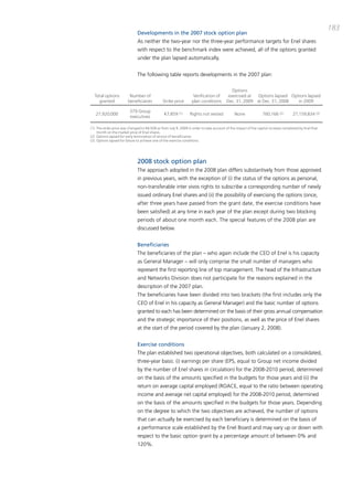 183
                              Developments in the 2007 stock option plan
                              as neither the two-year nor the three-year performance targets for Enel shares
                              with respect to the benchmark index were achieved, all of the options granted
                              under the plan lapsed automatically.


                              the following table reports developments in the 2007 plan:

                                                                                            Options
  Total options          Number of                                 Verification of        exercised at  Options lapsed Options lapsed
    granted             beneficiaries          Strike price       plan conditions        Dec. 31, 2009 at Dec. 31, 2008   in 2009

                         379 Group
   27,920,000                                   €7.859 (1)       Rights not vested            None              760,166 (2)         27,159,834 (3)
                         executives

(1) The strike price was changed to €6.928 as from July 9, 2009 in order to take account of the impact of the capital increase completed by Enel that
    month on the market price of Enel shares.
(2) Options lapsed for early termination of service of beneficiaries.
(3) Options lapsed for failure to achieve one of the exercise conditions.




                              2008 stock option plan
                              the approach adopted in the 2008 plan differs substantively from those approved
                              in previous years, with the exception of (i) the status of the options as personal,
                              non-transferable inter vivos rights to subscribe a corresponding number of newly
                              issued ordinary Enel shares and (ii) the possibility of exercising the options (once,
                              after three years have passed from the grant date, the exercise conditions have
                              been satisfied) at any time in each year of the plan except during two blocking
                              periods of about one month each. the special features of the 2008 plan are
                              discussed below.


                              Beneficiaries
                              the beneficiaries of the plan – who again include the cEo of Enel is his capacity
                              as General manager – will only comprise the small number of managers who
                              represent the first reporting line of top management. the head of the infrastructure
                              and Networks division does not participate for the reasons explained in the
                              description of the 2007 plan.
                              the beneficiaries have been divided into two brackets (the first includes only the
                              cEo of Enel in his capacity as General manager) and the basic number of options
                              granted to each has been determined on the basis of their gross annual compensation
                              and the strategic importance of their positions, as well as the price of Enel shares
                              at the start of the period covered by the plan (January 2, 2008).


                              Exercise conditions
                              the plan established two operational objectives, both calculated on a consolidated,
                              three-year basis: (i) earnings per share (EpS, equal to Group net income divided
                              by the number of Enel shares in circulation) for the 2008-2010 period, determined
                              on the basis of the amounts specified in the budgets for those years and (ii) the
                              return on average capital employed (RoacE, equal to the ratio between operating
                              income and average net capital employed) for the 2008-2010 period, determined
                              on the basis of the amounts specified in the budgets for those years. depending
                              on the degree to which the two objectives are achieved, the number of options
                              that can actually be exercised by each beneficiary is determined on the basis of
                              a performance scale established by the Enel board and may vary up or down with
                              respect to the basic option grant by a percentage amount of between 0% and
                              120%.
 