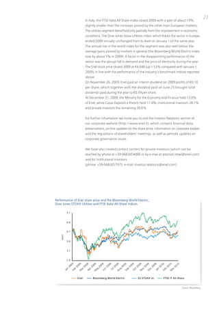 23
                             in italy, the FtSE italia All Share index closed 2009 with a gain of about 19%,
                             slightly smaller than the increases posted by the other main European markets.
                             the utilities segment benefited only partially from the improvement in economic
                             conditions. the Dow Jones Stoxx utilities index, which tracks the sector in Europe,
                             ended 2009 virtually unchanged from its level on January 1 of the same year.
                             the annual rise in the world index for the segment was also well below the
                             average gains posted by markets in general (the Bloomberg World Electric index
                             rose by about 5% in 2009). A factor in the disappointing performance of the
                             sector was the abrupt fall in demand and the price of electricity during the year.
                             the Enel stock price closed 2009 at €4.048 (up 1.53% compared with January 1,
                             2009), in line with the performance of the industry’s benchmark indices reported
                             above.
                             on november 26, 2009, Enel paid an interim dividend on 2009 profits of €0.10
                             per share, which together with the dividend paid on June 25 brought total
                             dividends paid during the year to €0.39 per share.
                             At December 31, 2009, the Ministry for the Economy and Finance held 13.9%
                             of Enel, while Cassa Depositi e prestiti held 17.4%, institutional investors 38.1%
                             and private investors the remaining 30.6%.


                             For further information we invite you to visit the investor Relations section of
                             our corporate website (http://www.enel.it), which contains financial data,
                             presentations, on-line updates on the share price, information on corporate bodies
                             and the regulations of shareholders’ meetings, as well as periodic updates on
                             corporate governance issues.


                             We have also created contact centers for private investors (which can be
                             reached by phone at +39-0683054000 or by e-mail at azionisti.retail@enel.com)
                             and for institutional investors
                             (phone: +39-0683057975; e-mail: investor.relations@enel.com).




Performance of Enel share price and the Bloomberg World Electric,
Dow Jones STOXX Utilities and FTSE Italia All-Share indices

          5.1


          4.6


          4.1
   euro




          3.6


          3.1


          2.6
              09

                     09




                                    09

                                            09

                                                   09


                                                             9




                                                                          09

                                                                                 09




                                                                                                09

                                                                                                        10

                                                                                                              10
                             09




                                                                                                                       10
                                                                  09




                                                                                         09
                                                           00
          20

                   20




                                  20

                                         20

                                                 20




                                                                       20

                                                                               20




                                                                                              20

                                                                                                     20

                                                                                                             20
                          20




                                                                                                                   20
                                                                 20




                                                                                      20
                                                        l2
          n

                b




                               pr

                                       ay


                                              n




                                                                      p

                                                                            ct




                                                                                           ec


                                                                                                   n

                                                                                                          b
                        ar




                                                                                                                  ar
                                                             ug




                                                                                    ov
                                                      Ju
      Ja

                Fe




                                              Ju




                                                                  Se




                                                                                                   Ja

                                                                                                        Fe
                                                                          O
                     M




                                                                                                              M
                             A

                                    M




                                                                                         D
                                                                                 N
                                                             A




                     Enel           Bloomberg World Electric                     DJ STOXX Ut.             FTSE IT All-Share


                                                                                                                            Source: Bloomberg
 