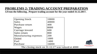 PROBLEMS 2: TRADING ACCOUNT PREPARATION
3.From the following , Prepare trading account for the year ended 31.12.2017.
 