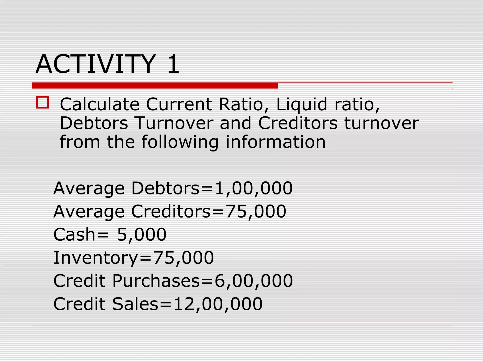 ACTIVITY 1
 Calculate Current Ratio, Liquid ratio,
Debtors Turnover and Creditors turnover
from the following information
Average Debtors=1,00,000
Average Creditors=75,000
Cash= 5,000
Inventory=75,000
Credit Purchases=6,00,000
Credit Sales=12,00,000
 