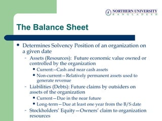 The Balance Sheet
 Determines Solvency Position of an organization on
a given date
– Assets (Resources): Future economic ...