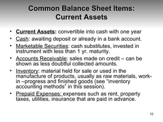 Common Balance Sheet Items: Current Assets Current Assets :  convertible into cash with one year Cash : awaiting deposit or already in a bank account. Marketable Securities : cash substitutes, invested in instrument with less than 1 yr. maturity. Accounts Receivable : sales made on credit – can be shown as less doubtful collected amounts. Inventory : material held for sale or used in the manufacture of products, usually as raw materials, work-in –progress and finished goods (see “inventory accounting methods” in this session). Prepaid Expenses:  expenses such as rent, property taxes, utilities, insurance that are paid in advance. 