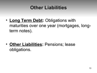 Other Liabilities Long Term Debt :  Obligations with maturities over one year (mortgages, long-term notes). Other Liabilities :  Pensions; lease obligations. 