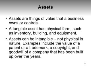 Assets Assets are things of value that a business owns or controls.  A tangible asset has physical form, such as inventory, building, and equipment.  Assets can be intangible – not physical in nature. Examples include the value of a patent or a trademark, a copyright, and goodwill of a company that has been built up over the years.  
