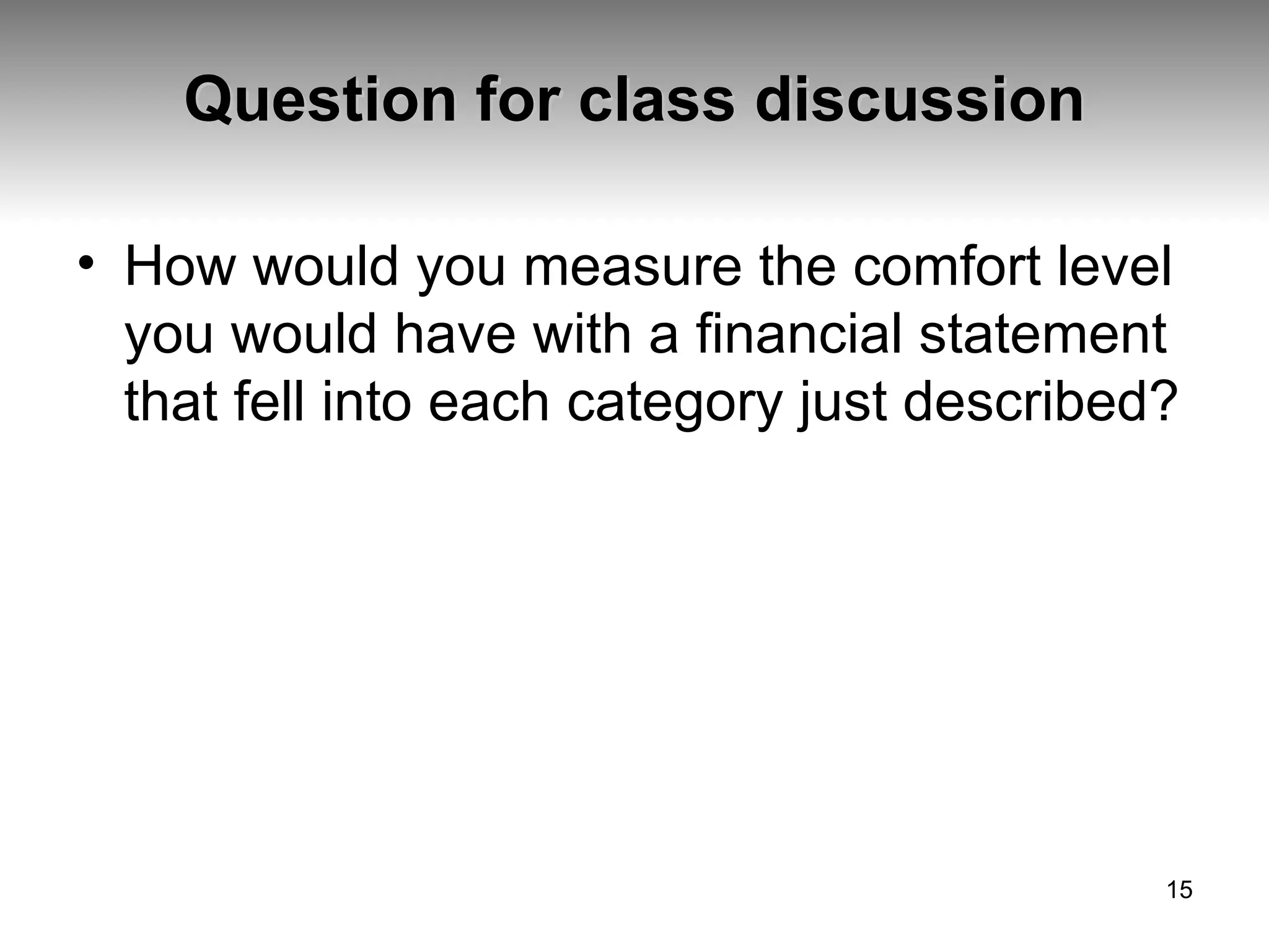 Question for class discussion How would you measure the comfort level you would have with a financial statement that fell into each category just described? 