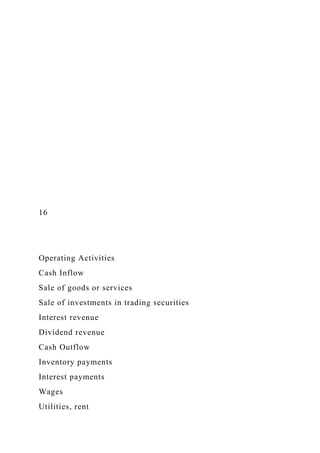 16
Operating Activities
Cash Inflow
Sale of goods or services
Sale of investments in trading securities
Interest revenue
Dividend revenue
Cash Outflow
Inventory payments
Interest payments
Wages
Utilities, rent
 