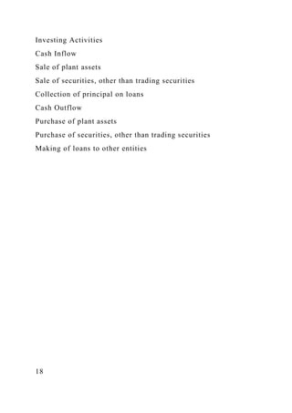 Investing Activities
Cash Inflow
Sale of plant assets
Sale of securities, other than trading securities
Collection of principal on loans
Cash Outflow
Purchase of plant assets
Purchase of securities, other than trading securities
Making of loans to other entities
18
 