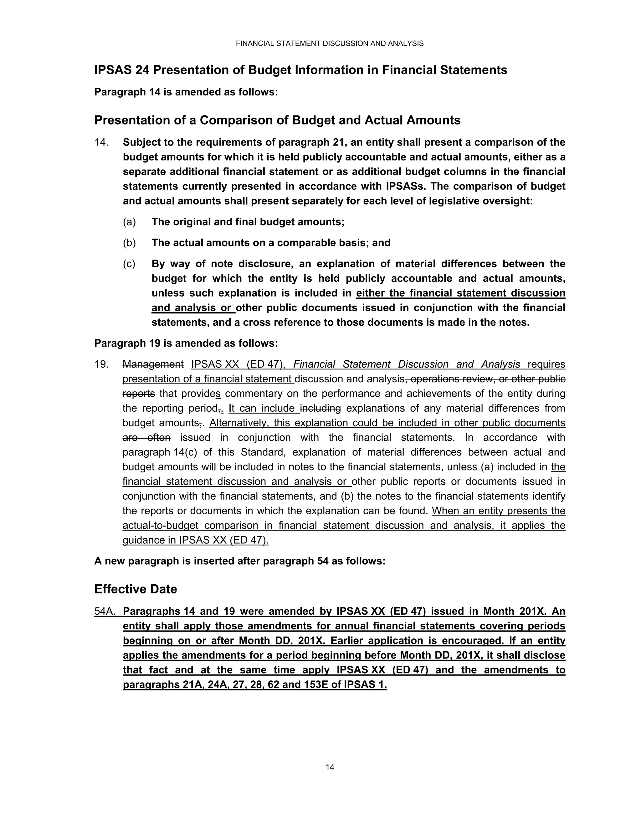 FINANCIAL STATEMENT DISCUSSION AND ANALYSIS


IPSAS 24 Presentation of Budget Information in Financial Statements
Paragraph 14 is amended as follows:

Presentation of a Comparison of Budget and Actual Amounts
14.   Subject to the requirements of paragraph 21, an entity shall present a comparison of the
      budget amounts for which it is held publicly accountable and actual amounts, either as a
      separate additional financial statement or as additional budget columns in the financial
      statements currently presented in accordance with IPSASs. The comparison of budget
      and actual amounts shall present separately for each level of legislative oversight:
      (a)   The original and final budget amounts;
      (b)   The actual amounts on a comparable basis; and

      (c)   By way of note disclosure, an explanation of material differences between the
            budget for which the entity is held publicly accountable and actual amounts,
            unless such explanation is included in either the financial statement discussion
            and analysis or other public documents issued in conjunction with the financial
            statements, and a cross reference to those documents is made in the notes.
Paragraph 19 is amended as follows:
19.   Management IPSAS XX (ED 47), Financial Statement Discussion and Analysis requires
      presentation of a financial statement discussion and analysis, operations review, or other public
      reports that provides commentary on the performance and achievements of the entity during
      the reporting period,. It can include including explanations of any material differences from
      budget amounts,. Alternatively, this explanation could be included in other public documents
      are often issued in conjunction with the financial statements. In accordance with
      paragraph 14(c) of this Standard, explanation of material differences between actual and
      budget amounts will be included in notes to the financial statements, unless (a) included in the
      financial statement discussion and analysis or other public reports or documents issued in
      conjunction with the financial statements, and (b) the notes to the financial statements identify
      the reports or documents in which the explanation can be found. When an entity presents the
      actual-to-budget comparison in financial statement discussion and analysis, it applies the
      guidance in IPSAS XX (ED 47).
A new paragraph is inserted after paragraph 54 as follows:

Effective Date
54A. Paragraphs 14 and 19 were amended by IPSAS XX (ED 47) issued in Month 201X. An
     entity shall apply those amendments for annual financial statements covering periods
     beginning on or after Month DD, 201X. Earlier application is encouraged. If an entity
     applies the amendments for a period beginning before Month DD, 201X, it shall disclose
     that fact and at the same time apply IPSAS XX (ED 47) and the amendments to
     paragraphs 21A, 24A, 27, 28, 62 and 153E of IPSAS 1.




                                                  14
 