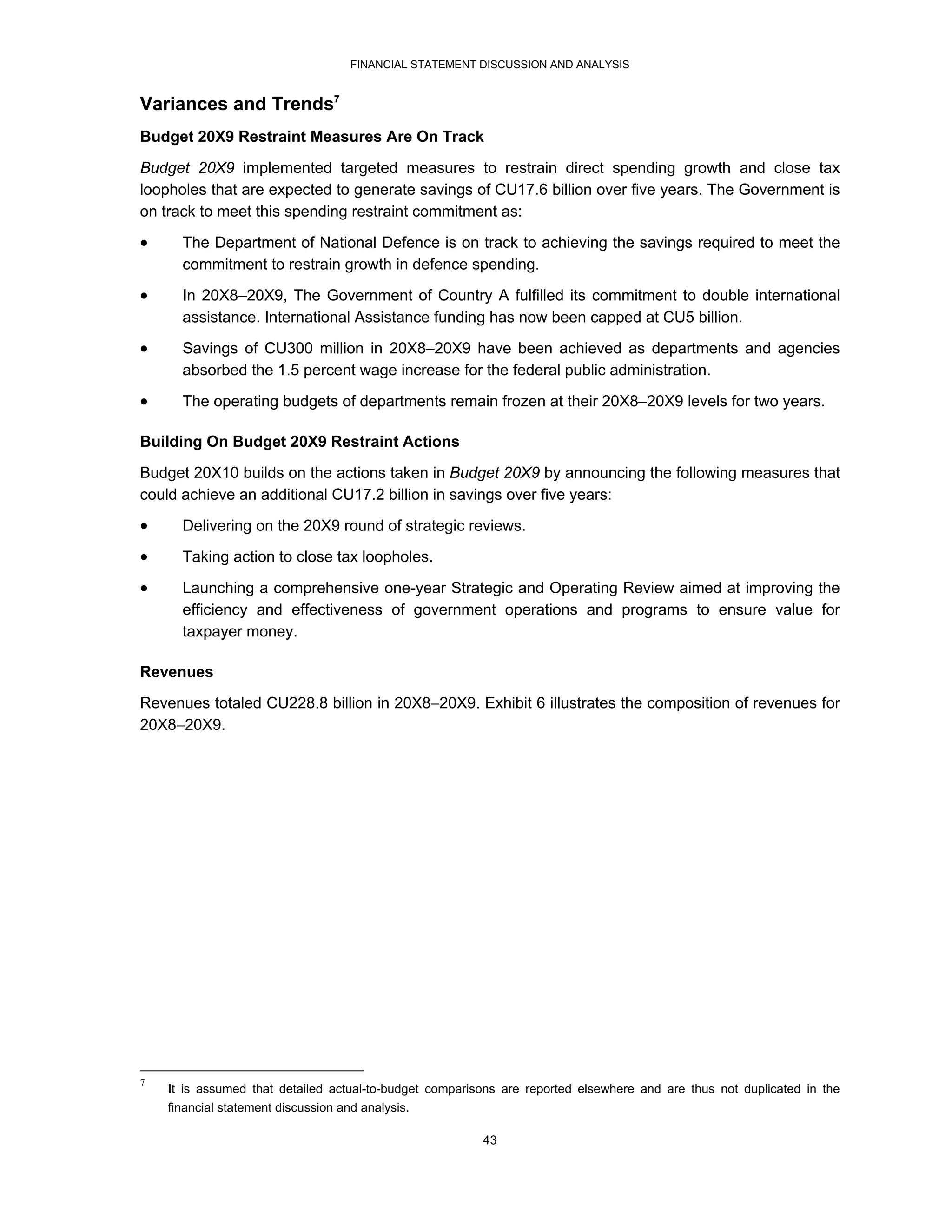FINANCIAL STATEMENT DISCUSSION AND ANALYSIS


Variances and Trends7
Budget 20X9 Restraint Measures Are On Track
Budget 20X9 implemented targeted measures to restrain direct spending growth and close tax
loopholes that are expected to generate savings of CU17.6 billion over five years. The Government is
on track to meet this spending restraint commitment as:

     The Department of National Defence is on track to achieving the savings required to meet the
      commitment to restrain growth in defence spending.
     In 20X8–20X9, The Government of Country A fulfilled its commitment to double international
      assistance. International Assistance funding has now been capped at CU5 billion.
     Savings of CU300 million in 20X8–20X9 have been achieved as departments and agencies
      absorbed the 1.5 percent wage increase for the federal public administration.

     The operating budgets of departments remain frozen at their 20X8–20X9 levels for two years.

Building On Budget 20X9 Restraint Actions
Budget 20X10 builds on the actions taken in Budget 20X9 by announcing the following measures that
could achieve an additional CU17.2 billion in savings over five years:
     Delivering on the 20X9 round of strategic reviews.
     Taking action to close tax loopholes.

     Launching a comprehensive one-year Strategic and Operating Review aimed at improving the
      efficiency and effectiveness of government operations and programs to ensure value for
      taxpayer money.

Revenues
Revenues totaled CU228.8 billion in 20X820X9. Exhibit 6 illustrates the composition of revenues for
20X820X9.




7
    It is assumed that detailed actual-to-budget comparisons are reported elsewhere and are thus not duplicated in the
    financial statement discussion and analysis.

                                                         43
 