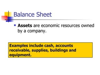 Balance Sheet Assets  are economic resources owned by a company.  Examples include cash, accounts receivable, supplies, buildings and equipment. 