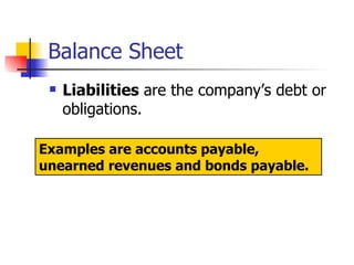 Balance Sheet Liabilities  are the company’s debt or obligations.  Examples are accounts payable, unearned revenues and bonds payable. 