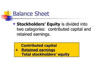 Balance Sheet Stockholders’ Equity  is divided into two categories:  contributed capital and retained earnings. Contributed capital +  Retained earnings Total stockholders’ equity 