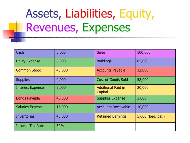 Assets Liabilities Equity Revenue Expenses Examples