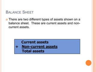 BALANCE SHEET
 There are two different types of assets shown on a
balance sheet. These are current assets and non-
current assets.
Current assets
+ Non-current assets
Total assets
 