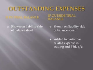 IF IN TRIAL BALANCE
IF OUTSIDE TRIAL
BALANCE
 Shown on liability side
of balance sheet
 Shown on liability side
of balance sheet
 Added to particular
related expense in
trading and P&L a/c.
 