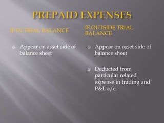 IF IN TRIAL BALANCE
IF OUTSIDE TRIAL
BALANCE
 Appear on asset side of
balance sheet
 Appear on asset side of
balance sheet
 Deducted from
particular related
expense in trading and
P&L a/c.
 