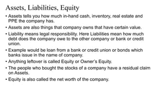 Assets, Liabilities, Equity
• Assets tells you how much in-hand cash, inventory, real estate and
PPE the company has.
• Assets are also things that company owns that have certain value.
• Liability means legal responsibility. Here Liabilities mean how much
debt does the company owe to the other company or bank or credit
union.
• Example would be loan from a bank or credit union or bonds which
banks issue in the name of company.
• Anything leftover is called Equity or Owner’s Equity.
• The people who bought the stocks of a company have a residual claim
on Assets.
• Equity is also called the net worth of the company.
 