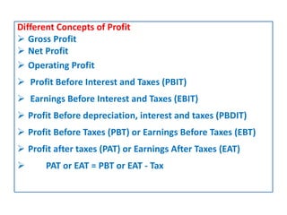Different Concepts of Profit
 Gross Profit
 Net Profit
 Operating Profit
 Profit Before Interest and Taxes (PBIT)
 Earnings Before Interest and Taxes (EBIT)
 Profit Before depreciation, interest and taxes (PBDIT)
 Profit Before Taxes (PBT) or Earnings Before Taxes (EBT)
 Profit after taxes (PAT) or Earnings After Taxes (EAT)
 PAT or EAT = PBT or EAT - Tax
 