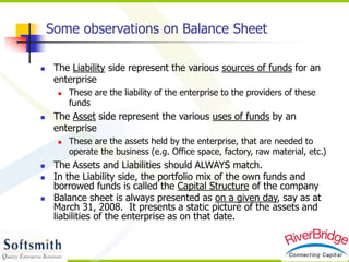 Some observations on Balance Sheet
 The Liability side represent the various sources of funds for an
enterprise
 These are the liability of the enterprise to the providers of these
funds
 The Asset side represent the various uses of funds by an
enterprise
 These are the assets held by the enterprise, that are needed to
operate the business (e.g. Office space, factory, raw material, etc.)
 The Assets and Liabilities should ALWAYS match.
 In the Liability side, the portfolio mix of the own funds and
borrowed funds is called the Capital Structure of the company
 Balance sheet is always presented as on a given day, say as at
March 31, 2008. It presents a static picture of the assets and
liabilities of the enterprise as on that date.
 