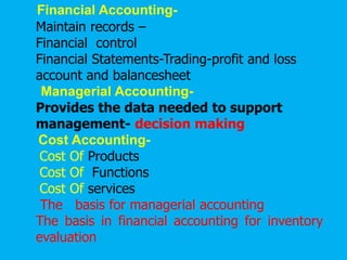 Financial Accounting-
Maintain records –
Financial control
Financial Statements-Trading-profit and loss
account and balancesheet
Managerial Accounting-
Provides the data needed to support
management- decision making
Cost Accounting-
Cost Of Products
Cost Of Functions
Cost Of services
The basis for managerial accounting
The basis in financial accounting for inventory
evaluation
 