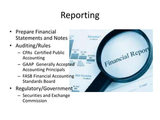 Reporting
• Prepare Financial
Statements and Notes
• Auditing/Rules
– CPAs Certified Public
Accounting
– GAAP Generally Accepted
Accounting Principals
– FASB Financial Accounting
Standards Board
• Regulatory/Government
– Securities and Exchange
Commission
 
