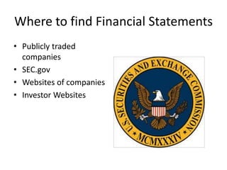 Where to find Financial Statements
• Publicly traded
companies
• SEC.gov
• Websites of companies
• Investor Websites
 