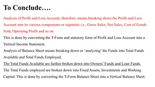 To Conclude….
Analysis of Profit and Loss Account, therefore, means breaking down the Profit and Loss
Account into its various components or segments i.e., Gross Sales, Net Sales, Cost of Goods
Sold, Operating Profit and so on.
This is done by converting the T-Form and statutory form of Profit and Loss Account into a
Vertical Income Statement.
Analysis of Balance Sheet means breaking down or ‘analyzing’ the Funds into Total Funds
Available and Total Funds Employed.
The Total Funds Available are further broken down into Owners’ Funds and Loan Funds.
The Total Funds employed are broken down into Fixed Assets, Investments and Working
Capital. This is done by converting the T-Form Balance Sheet into a Vertical Balance Sheet.
 