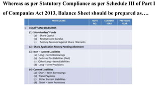 Whereas as per Statutory Compliance as per Schedule III of Part I
of Companies Act 2013, Balance Sheet should be prepared as….
 