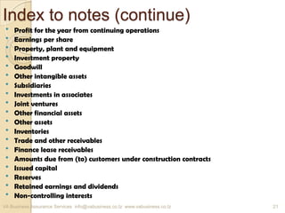 Index to notes (continue)
 Profit for the year from continuing operations
 Earnings per share
 Property, plant and equipment
 Investment property
 Goodwill
 Other intangible assets
 Subsidiaries
 Investments in associates
 Joint ventures
 Other financial assets
 Other assets
 Inventories
 Trade and other receivables
 Finance lease receivables
 Amounts due from (to) customers under construction contracts
 Issued capital
 Reserves
 Retained earnings and dividends
 Non-controlling interests
VA Business Assurance Services info@vabusiness.co.tz www.vabusiness.co.tz 21
 
