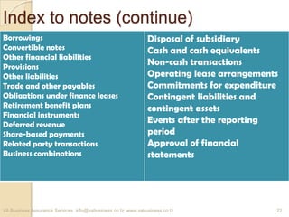 Index to notes (continue)
VA Business Assurance Services info@vabusiness.co.tz www.vabusiness.co.tz
Borrowings
Convertible notes
Other financial liabilities
Provisions
Other liabilities
Trade and other payables
Obligations under finance leases
Retirement benefit plans
Financial instruments
Deferred revenue
Share-based payments
Related party transactions
Business combinations
Disposal of subsidiary
Cash and cash equivalents
Non-cash transactions
Operating lease arrangements
Commitments for expenditure
Contingent liabilities and
contingent assets
Events after the reporting
period
Approval of financial
statements
22
 