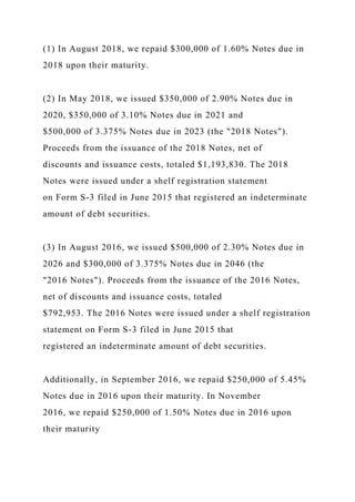 (1) In August 2018, we repaid $300,000 of 1.60% Notes due in
2018 upon their maturity.
(2) In May 2018, we issued $350,000 of 2.90% Notes due in
2020, $350,000 of 3.10% Notes due in 2021 and
$500,000 of 3.375% Notes due in 2023 (the "2018 Notes").
Proceeds from the issuance of the 2018 Notes, net of
discounts and issuance costs, totaled $1,193,830. The 2018
Notes were issued under a shelf registration statement
on Form S-3 filed in June 2015 that registered an indeterminate
amount of debt securities.
(3) In August 2016, we issued $500,000 of 2.30% Notes due in
2026 and $300,000 of 3.375% Notes due in 2046 (the
"2016 Notes"). Proceeds from the issuance of the 2016 Notes,
net of discounts and issuance costs, totaled
$792,953. The 2016 Notes were issued under a shelf registration
statement on Form S-3 filed in June 2015 that
registered an indeterminate amount of debt securities.
Additionally, in September 2016, we repaid $250,000 of 5.45%
Notes due in 2016 upon their maturity. In November
2016, we repaid $250,000 of 1.50% Notes due in 2016 upon
their maturity
 