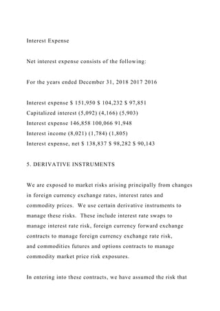 Interest Expense
Net interest expense consists of the following:
For the years ended December 31, 2018 2017 2016
Interest expense $ 151,950 $ 104,232 $ 97,851
Capitalized interest (5,092) (4,166) (5,903)
Interest expense 146,858 100,066 91,948
Interest income (8,021) (1,784) (1,805)
Interest expense, net $ 138,837 $ 98,282 $ 90,143
5. DERIVATIVE INSTRUMENTS
We are exposed to market risks arising principally from changes
in foreign currency exchange rates, interest rates and
commodity prices. We use certain derivative instruments to
manage these risks. These include interest rate swaps to
manage interest rate risk, foreign currency forward exchange
contracts to manage foreign currency exchange rate risk,
and commodities futures and options contracts to manage
commodity market price risk exposures.
In entering into these contracts, we have assumed the risk that
 