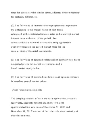 rates for contracts with similar terms, adjusted where necessary
for maturity differences.
(2) The fair value of interest rate swap agreements represents
the difference in the present value of cash flows
calculated at the contracted interest rates and at current market
interest rates at the end of the period. We
calculate the fair value of interest rate swap agreements
quarterly based on the quoted market price for the
same or similar financial instruments.
(3) The fair value of deferred compensation derivatives is based
on quoted prices for market interest rates and a
broad market equity index.
(4) The fair value of commodities futures and options contracts
is based on quoted market prices.
Other Financial Instruments
The carrying amounts of cash and cash equivalents, accounts
receivable, accounts payable and short-term debt
approximated fair values as of December 31, 2018 and
December 31, 2017 because of the relatively short maturity of
these instruments.
 