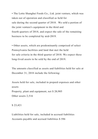 • The Lotte Shanghai Foods Co., Ltd. joint venture, which was
taken out of operation and classified as held for
sale during the second quarter of 2018. We sold a portion of
the joint venture's equipment in the third and
fourth quarters of 2018, and expect the sale of the remaining
business to be completed by mid-2019.
• Other assets, which are predominantly comprised of select
Pennsylvania facilities and land that met the held
for sale criteria in the third quarter of 2018. We expect these
long-lived assets to be sold by the end of 2019.
The amounts classified as assets and liabilities held for sale at
December 31, 2018 include the following:
Assets held for sale, included in prepaid expenses and other
assets
Property, plant and equipment, net $ 20,905
Other assets 2,516
$ 23,421
Liabilities held for sale, included in accrued liabilities
Accounts payable and accrued liabilities $ 596
 