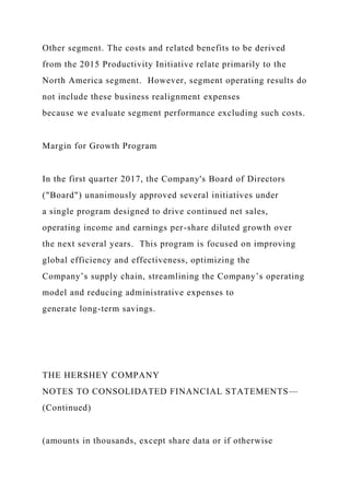Other segment. The costs and related benefits to be derived
from the 2015 Productivity Initiative relate primarily to the
North America segment. However, segment operating results do
not include these business realignment expenses
because we evaluate segment performance excluding such costs.
Margin for Growth Program
In the first quarter 2017, the Company's Board of Directors
("Board") unanimously approved several initiatives under
a single program designed to drive continued net sales,
operating income and earnings per-share diluted growth over
the next several years. This program is focused on improving
global efficiency and effectiveness, optimizing the
Company’s supply chain, streamlining the Company’s operating
model and reducing administrative expenses to
generate long-term savings.
THE HERSHEY COMPANY
NOTES TO CONSOLIDATED FINANCIAL STATEMENTS—
(Continued)
(amounts in thousands, except share data or if otherwise
 